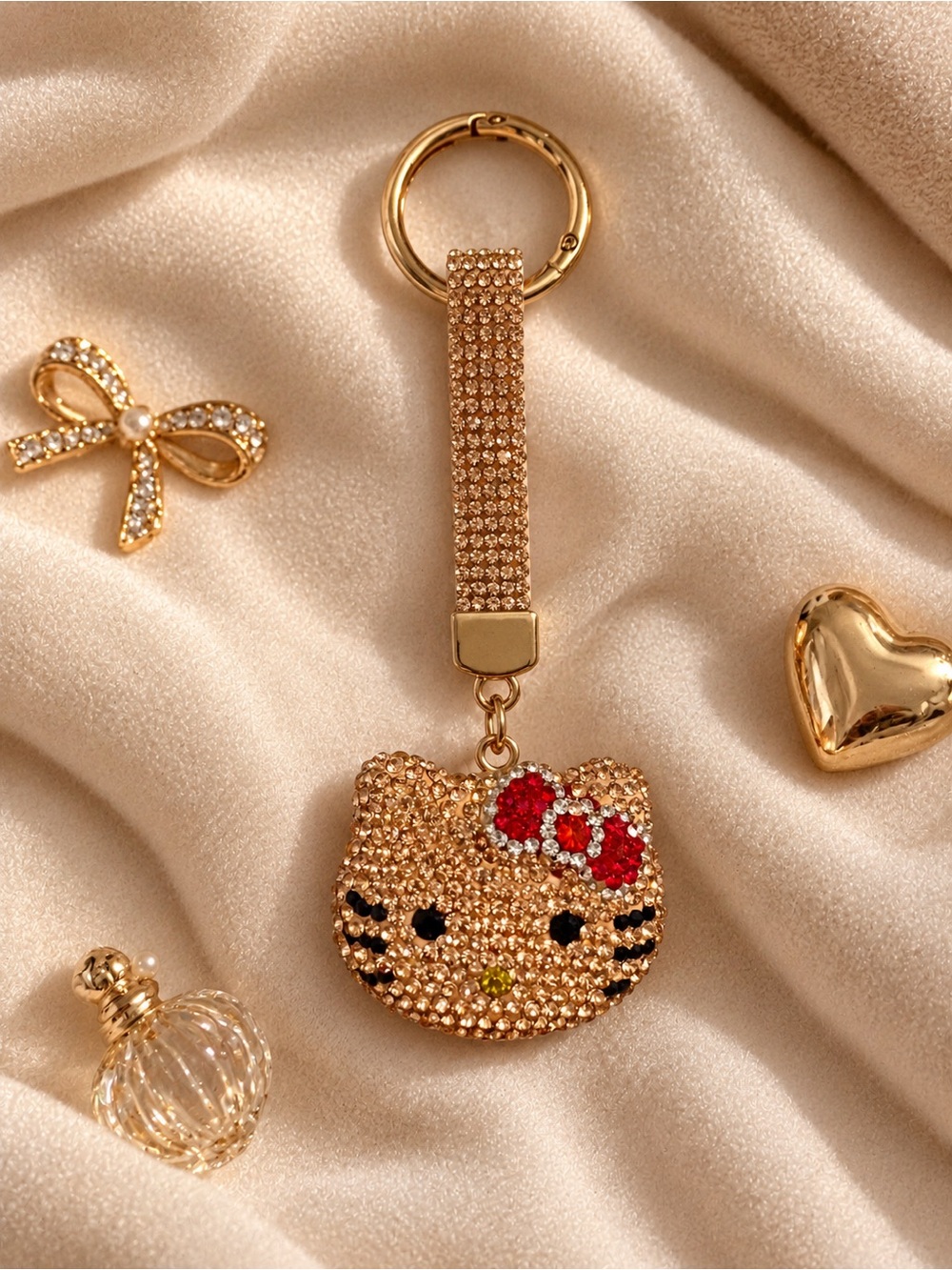 Rhinestone Kawaii Kitty Face with Red Bow Bag Charm Keychain